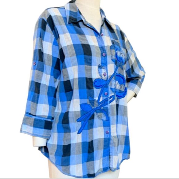 Westbound Blue Buffalo Plaid Button Front Embroidered Flowers Sequins Sz 1X #88i - Picture 3 of 8